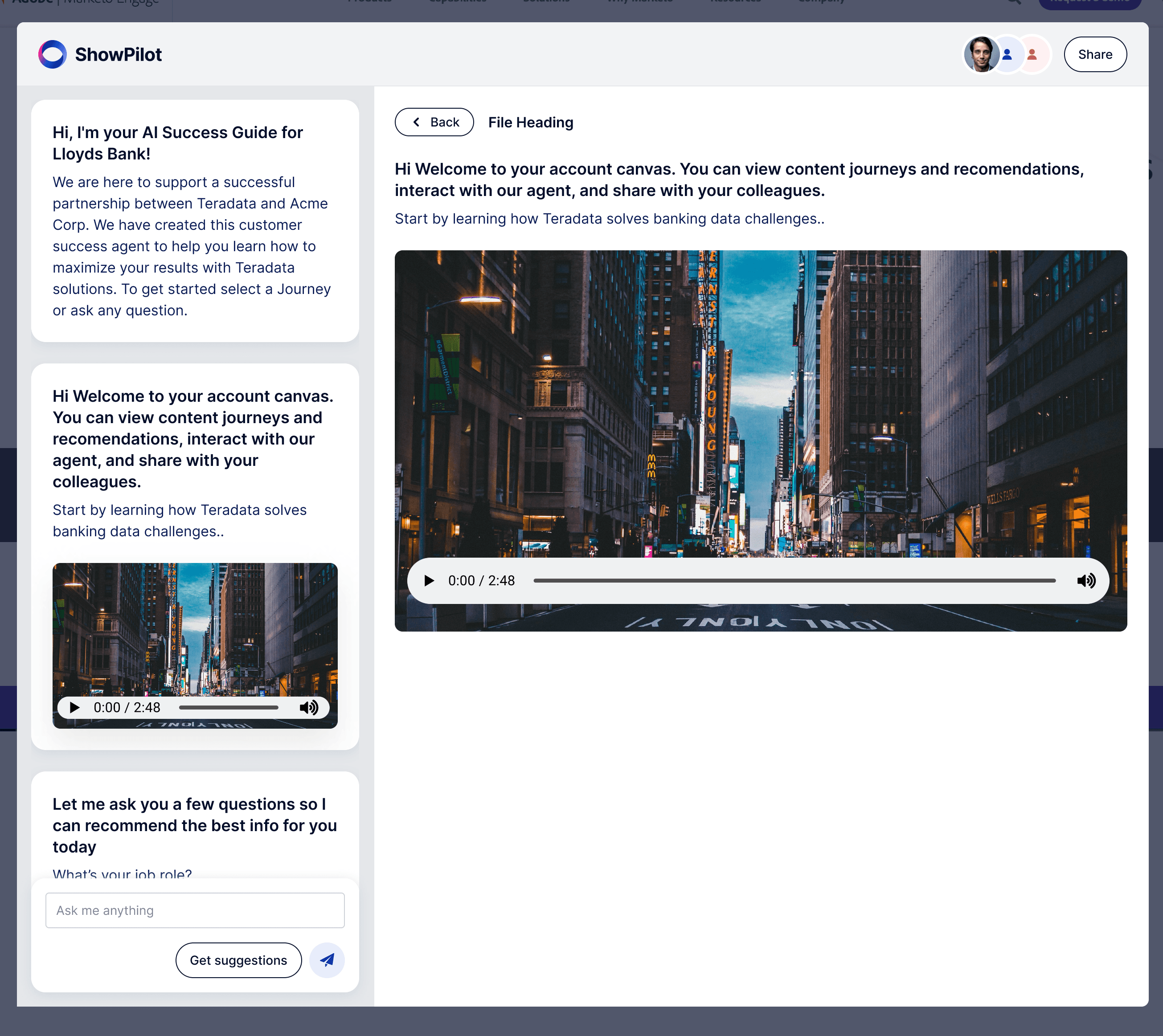 ShowPilot content experience — videos, docs, and chat in one canvas
