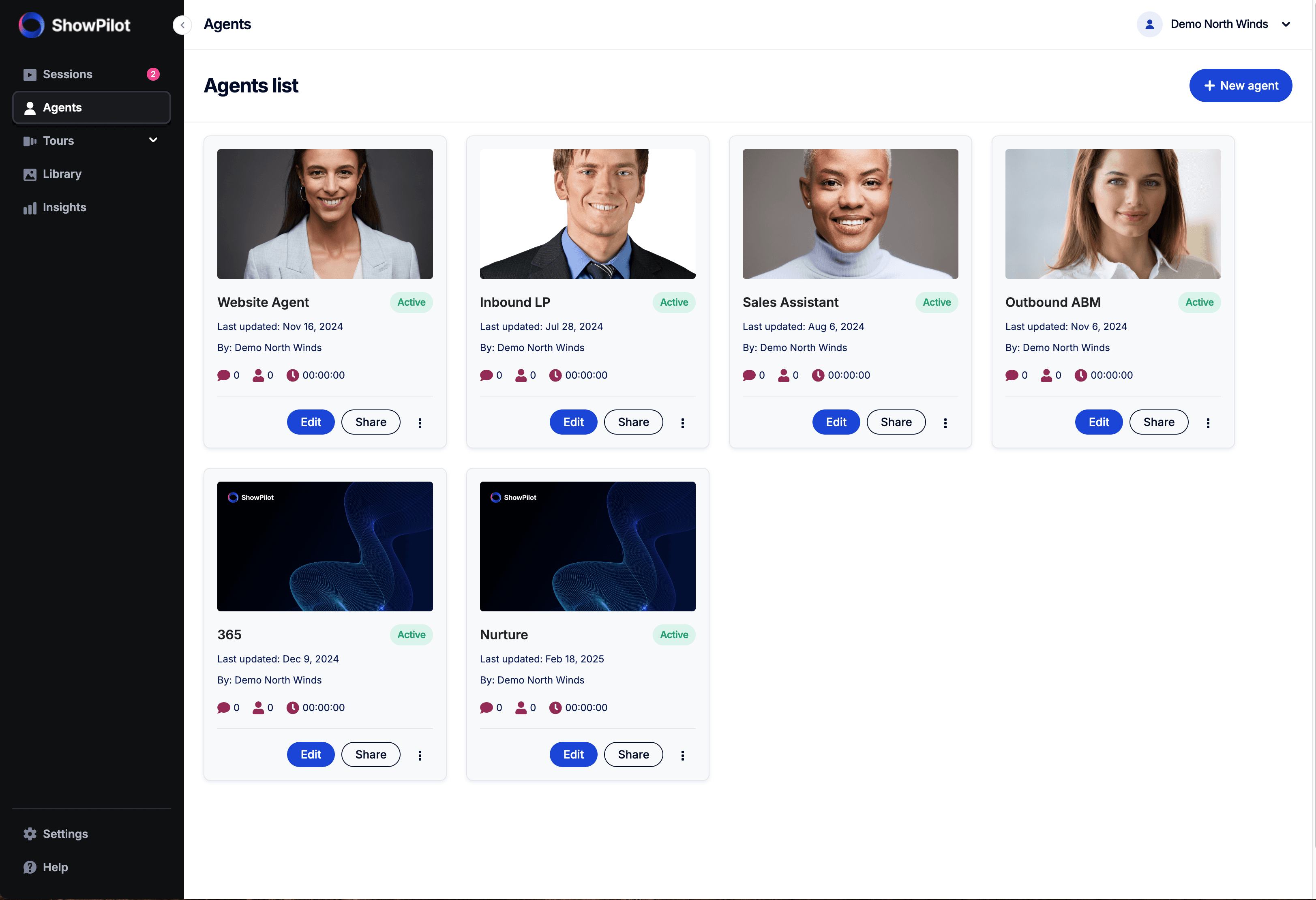 ShowPilot platform — agents dashboard with multiple active agents