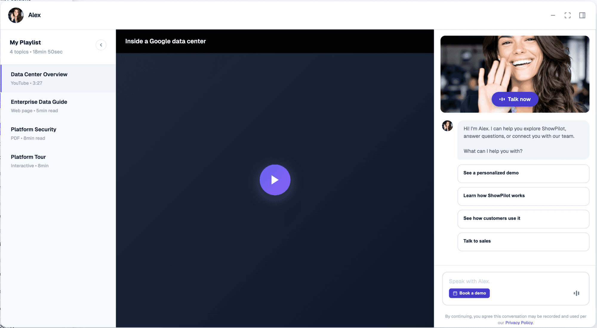 ShowPilot demo with playlist, video player, and chat conversation