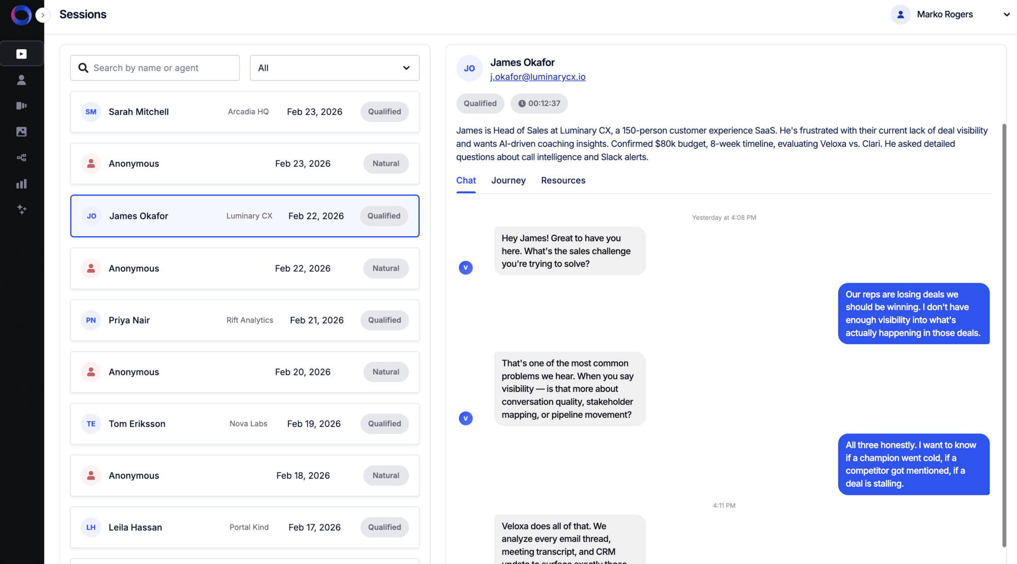 ShowPilot session detail showing sales qualification conversation